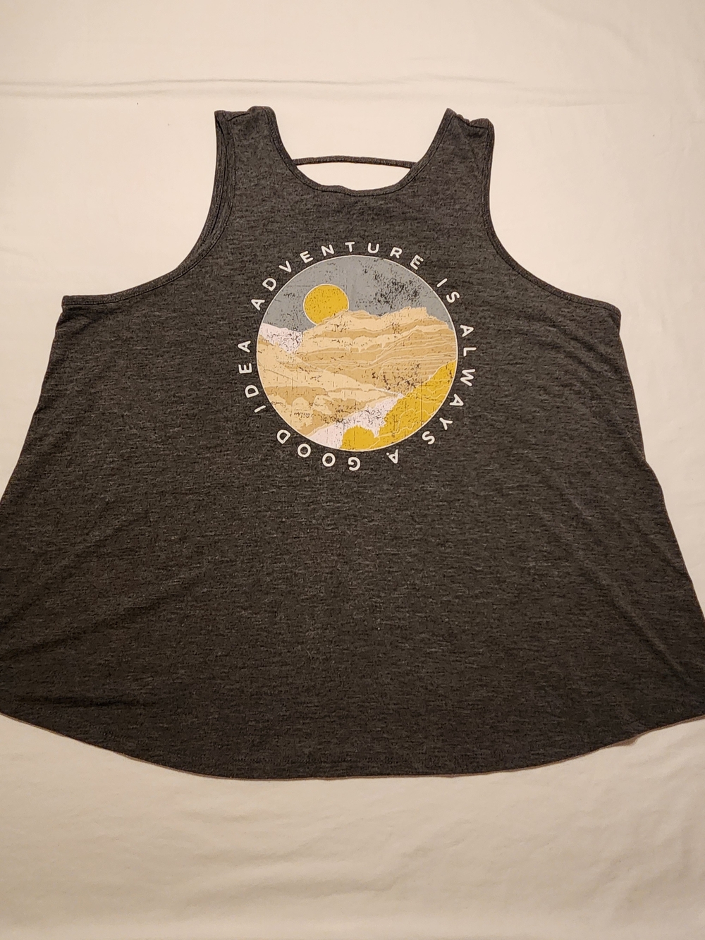 Maurices Women’s XL Adventure Graphic Tank Top Gray Cutout Back